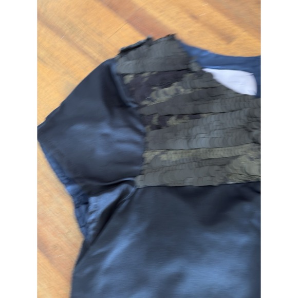 Vera Wang Sequined Party Dress Navy Blue Satin Midi With Black Sequin‎ Neckline - Picture 2 of 16